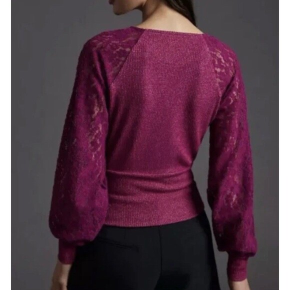 Anthropologie Surplice Ribbed Sweater Lace Sleeve Shirt Plum Pullover Size Small - Picture 2 of 9